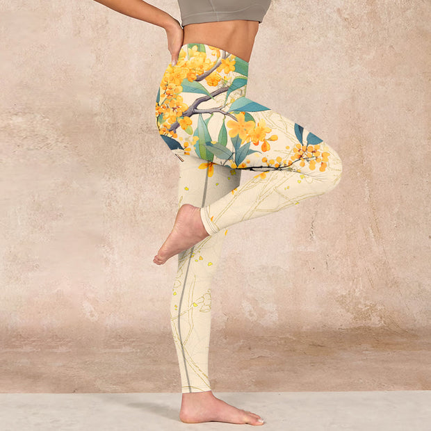 Buddha Stones Yellow Osmanthus Fragrans Rapeseed Print Gym Leggings Women's Yoga Pants - image 16