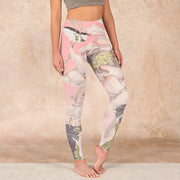 Buddha Stones Withered White Lotus Print Gym Leggings Women's Yoga Pants