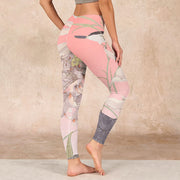 Buddha Stones Withered White Lotus Print Gym Leggings Women's Yoga Pants