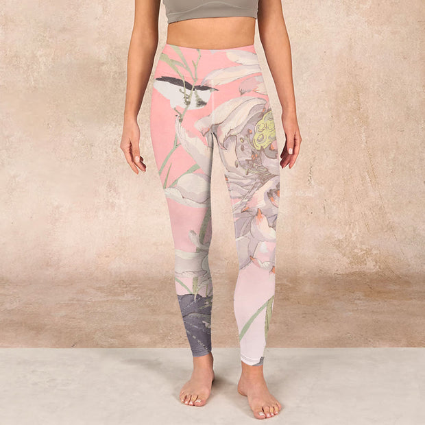 Buddha Stones Withered White Lotus Print Gym Leggings Women's Yoga Pants Leggings BS 1