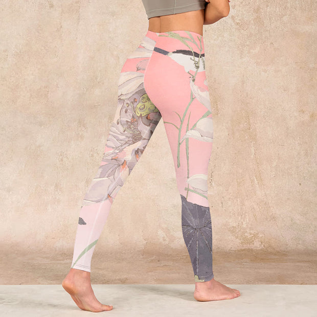 Buddha Stones Withered White Lotus Print Gym Leggings Women's Yoga Pants - image 5