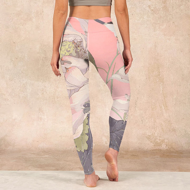 Buddha Stones Withered White Lotus Print Gym Leggings Women's Yoga Pants - image 15