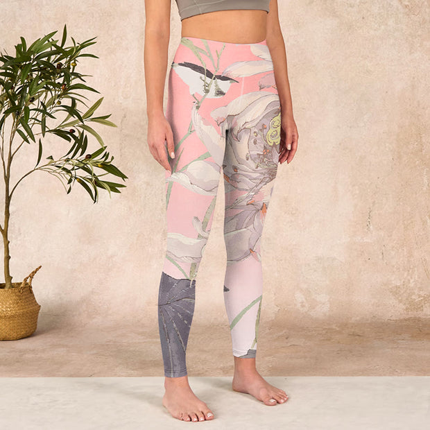 Buddha Stones Withered White Lotus Print Gym Leggings Women's Yoga Pants Leggings BS 3