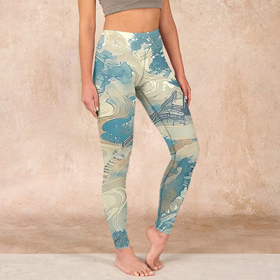 Buddha Stones Chinese Architecture Dark Sea Green Print Fitness Leggings Women's Yoga Pants - Dark Sea Green - US18，UK/AU22，EU50 (4XL) - image 1