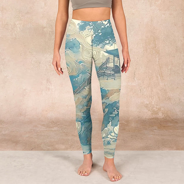 Buddha Stones Chinese Architecture Dark Sea Green Print Fitness Leggings Women's Yoga Pants - image 2