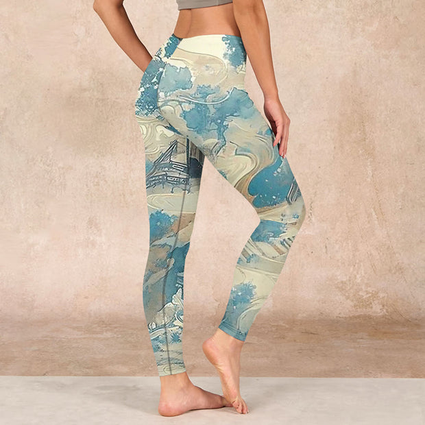 Buddha Stones Chinese Architecture Dark Sea Green Print Fitness Leggings Women's Yoga Pants