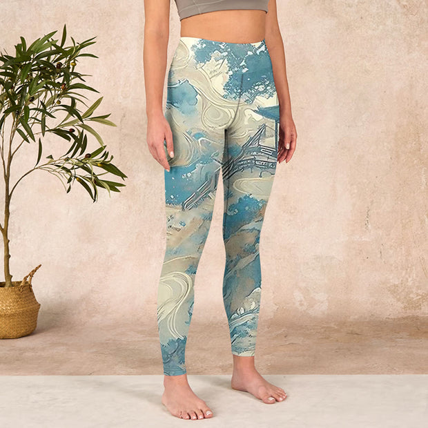 Buddha Stones Chinese Architecture Dark Sea Green Print Fitness Leggings Women's Yoga Pants