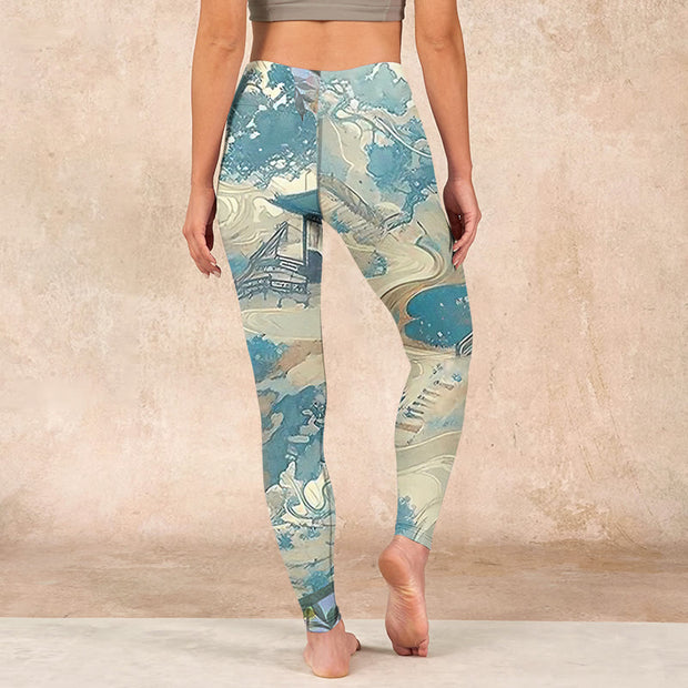 Buddha Stones Chinese Architecture Dark Sea Green Print Fitness Leggings Women's Yoga Pants