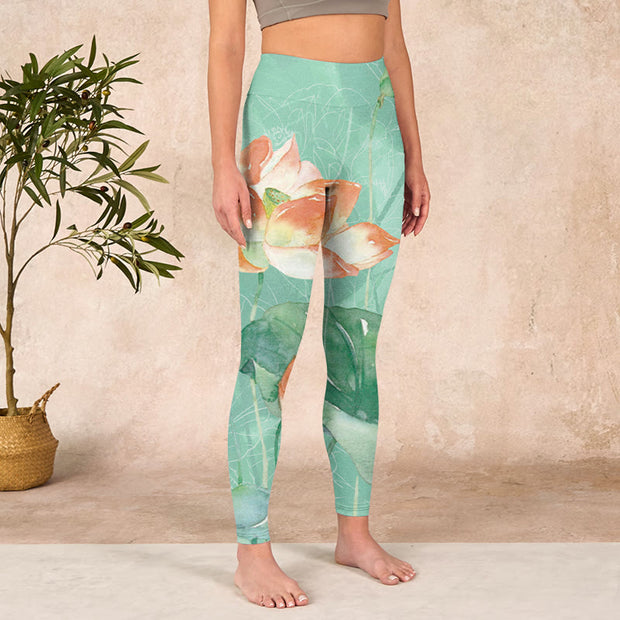 Buddha Stones Lotus Leaves Seed Pods Print Gym Leggings Women's Yoga Pants