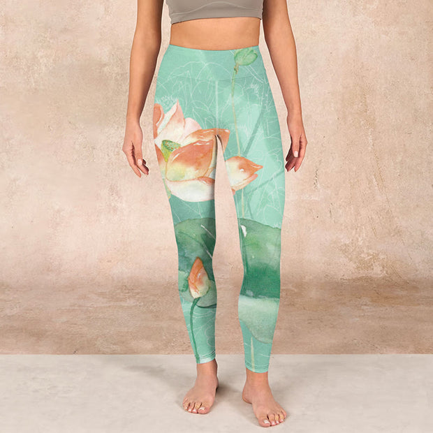 Buddha Stones Lotus Leaves Seed Pods Print Gym Leggings Women's Yoga Pants