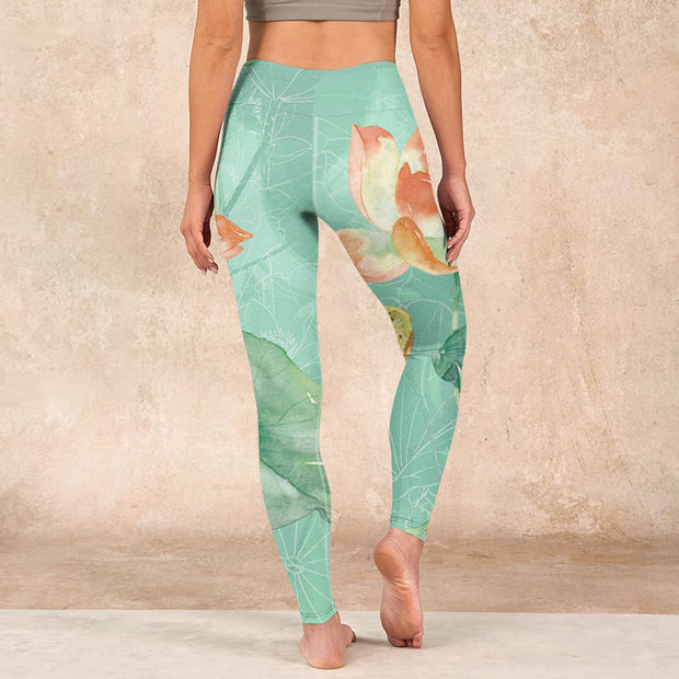 Buddha Stones Lotus Leaves Seed Pods Print Gym Leggings Women's Yoga Pants