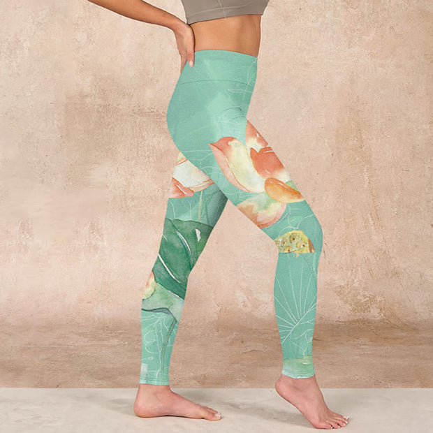 Buddha Stones Lotus Leaves Seed Pods Print Gym Leggings Women's Yoga Pants