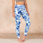 Buddha Stones Blue Flowers Print Fitness Leggings Women's Yoga Pants