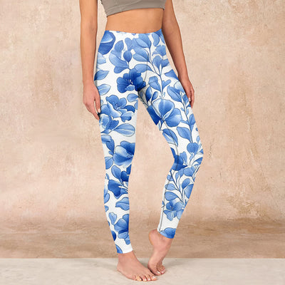 Buddha Stones Blue Flowers Print Fitness Leggings Women's Yoga Pants Leggings BS LightSkyBlue US18，UK/AU22，EU50 (4XL)