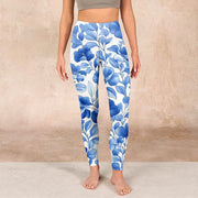 Buddha Stones Blue Flowers Print Fitness Leggings Women's Yoga Pants