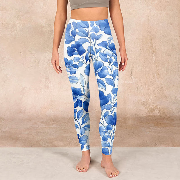 Buddha Stones Blue Flowers Print Fitness Leggings Women's Yoga Pants Leggings BS 1