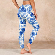 Buddha Stones Blue Flowers Print Fitness Leggings Women's Yoga Pants Leggings BS 2