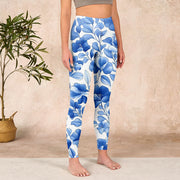 Buddha Stones Blue Flowers Print Fitness Leggings Women's Yoga Pants