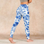 Buddha Stones Blue Flowers Print Fitness Leggings Women's Yoga Pants Leggings BS 4