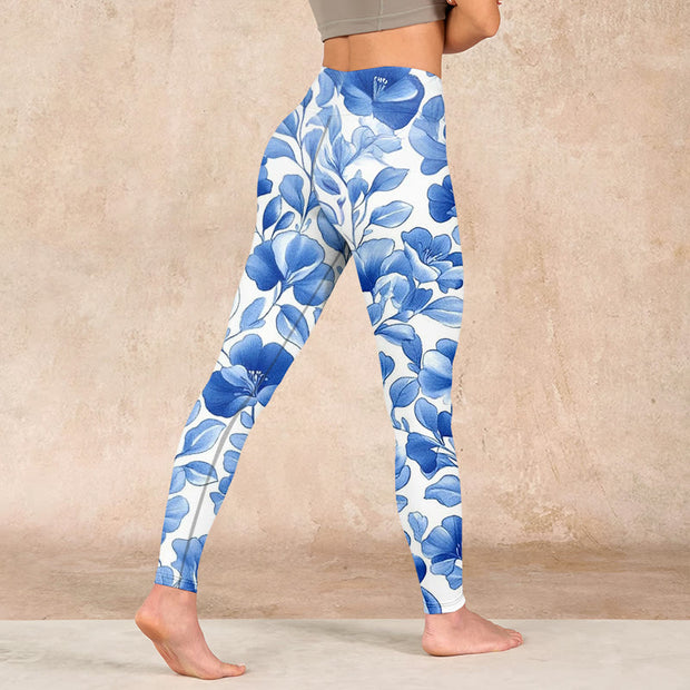 Buddha Stones Blue Flowers Print Fitness Leggings Women's Yoga Pants - image 5
