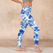 Buddha Stones Blue Flowers Print Fitness Leggings Women's Yoga Pants