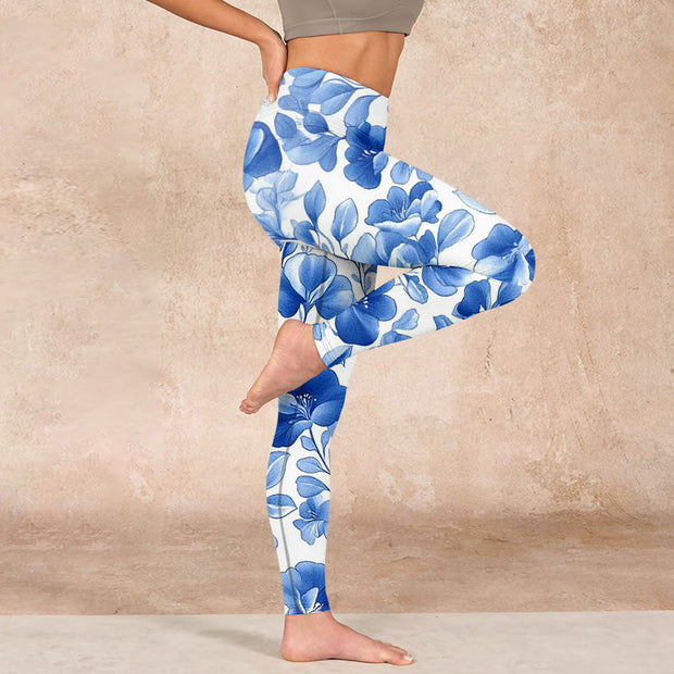 Buddha Stones Blue Flowers Print Fitness Leggings Women's Yoga Pants - image 16