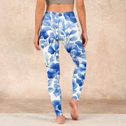 Buddha Stones Blue Flowers Print Fitness Leggings Women's Yoga Pants Leggings BS 15