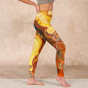 Buddha Stones Golden Auspicious Cloud Waves Print Gym Leggings Women's Yoga Pants Leggings BS 17