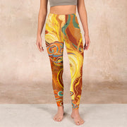 Buddha Stones Golden Auspicious Cloud Waves Print Gym Leggings Women's Yoga Pants Leggings BS 1