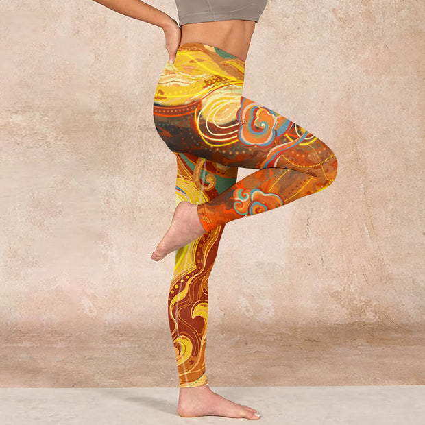 Buddha Stones Golden Auspicious Cloud Waves Print Gym Leggings Women's Yoga Pants - image 16