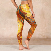 Buddha Stones Golden Auspicious Cloud Waves Print Gym Leggings Women's Yoga Pants Leggings BS 2