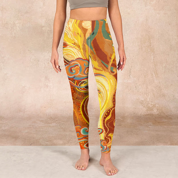 Buddha Stones Golden Auspicious Cloud Waves Print Gym Leggings Women's Yoga Pants - image 2