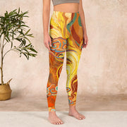 Buddha Stones Golden Auspicious Cloud Waves Print Gym Leggings Women's Yoga Pants