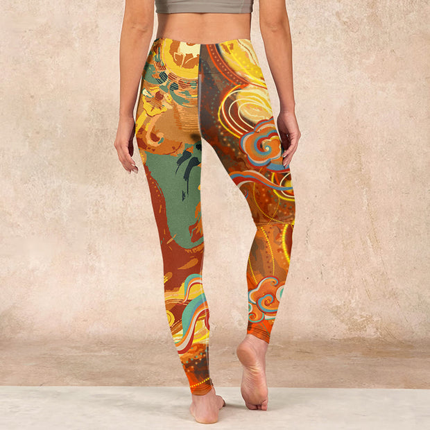 Buddha Stones Golden Auspicious Cloud Waves Print Gym Leggings Women's Yoga Pants Leggings BS 15