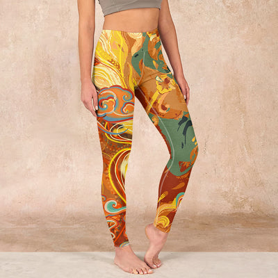 Buddha Stones Golden Auspicious Cloud Waves Print Gym Leggings Women's Yoga Pants