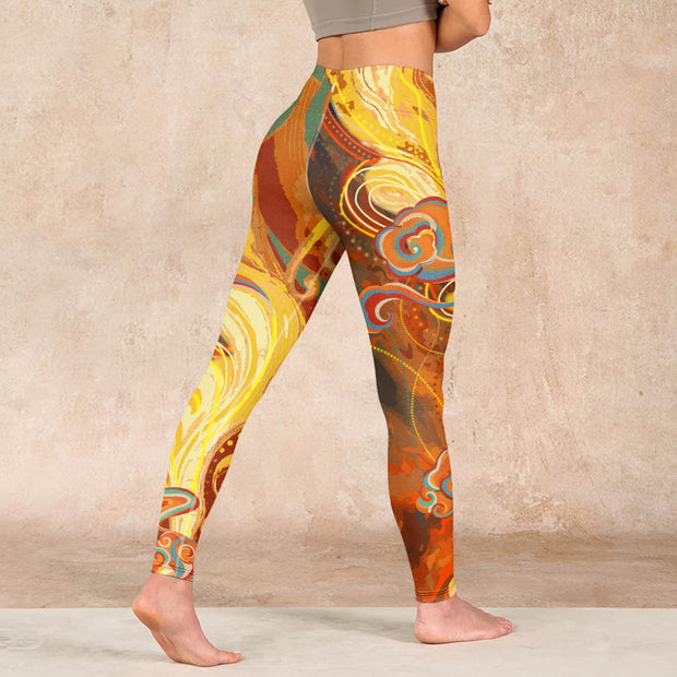 Buddha Stones Golden Auspicious Cloud Waves Print Gym Leggings Women's Yoga Pants Leggings BS 4