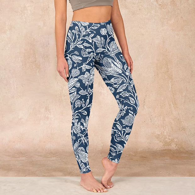 Buddha Stones Dark Blue Flower Print Fitness Leggings Women's Yoga Pants