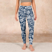 Buddha Stones Dark Blue Flower Print Fitness Leggings Women's Yoga Pants Leggings BS 1