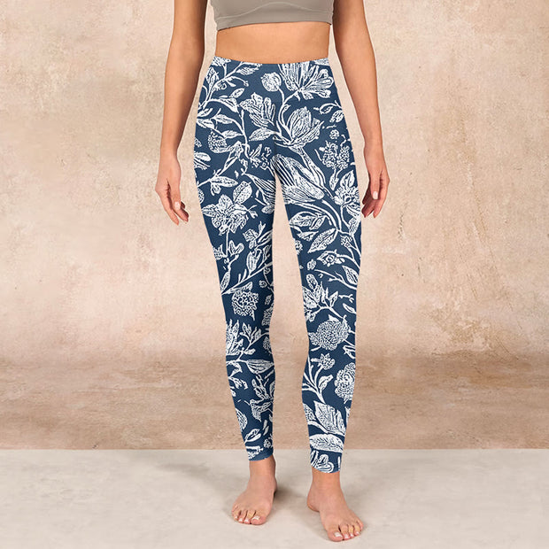 Buddha Stones Dark Blue Flower Print Fitness Leggings Women's Yoga Pants Leggings BS 1