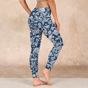 Buddha Stones Dark Blue Flower Print Fitness Leggings Women's Yoga Pants Leggings BS 2