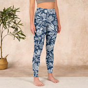 Buddha Stones Dark Blue Flower Print Fitness Leggings Women's Yoga Pants