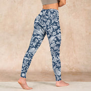 Buddha Stones Dark Blue Flower Print Fitness Leggings Women's Yoga Pants