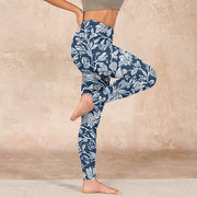 Buddha Stones Dark Blue Flower Print Fitness Leggings Women's Yoga Pants