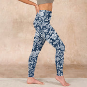 Buddha Stones Dark Blue Flower Print Fitness Leggings Women's Yoga Pants