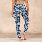 Buddha Stones Dark Blue Flower Print Fitness Leggings Women's Yoga Pants Leggings BS 16