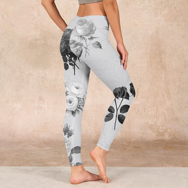 Buddha Stones Black White Rose Gym Leggings Women's Yoga Pants