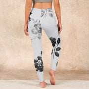 Buddha Stones Black White Rose Gym Leggings Women's Yoga Pants