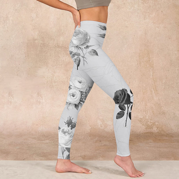 Buddha Stones Black White Rose Gym Leggings Women's Yoga Pants - image 17