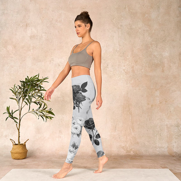 Buddha Stones Black White Rose Gym Leggings Women's Yoga Pants