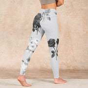 Buddha Stones Black White Rose Gym Leggings Women's Yoga Pants